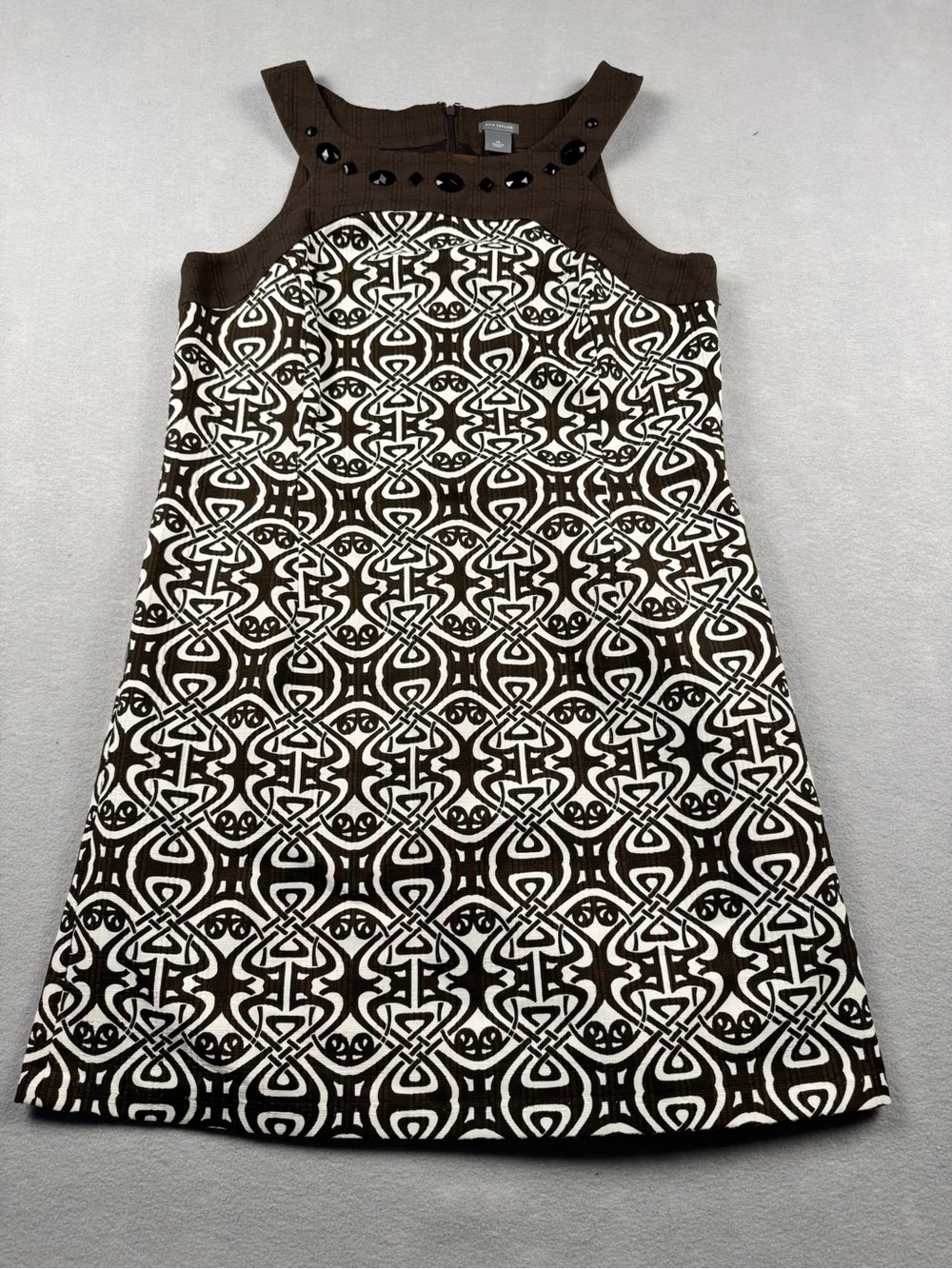 ANN TAYLOR Brown Print Women’s 14 Sleeveless Tank Rhinestone Cotton Shift Dress